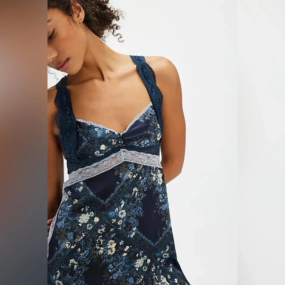 Free People Navy Floral Lace-Trim Maxi Dress